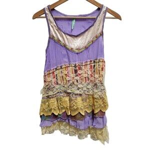 Celle Boho Floral Lace Mesh Sleeveless Purple Mixed Print Layered Top Women Sz M
